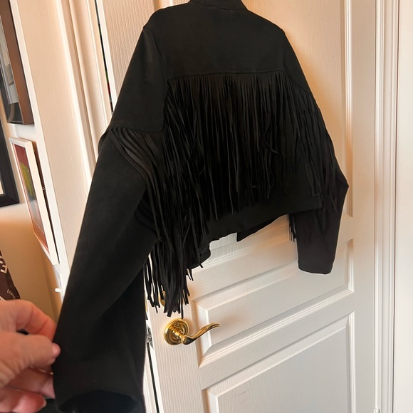ONLY Black Fringe Cropped Faux Suede Jacket - Picture 6 of 7